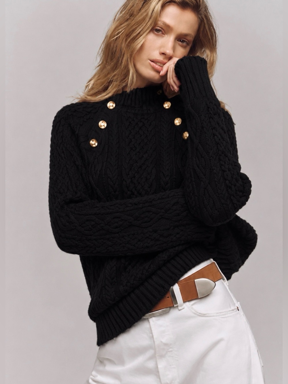 Fisherman Nautical Preppy Cable Knit Mock Neck Black Oversized Chunky Sweater S